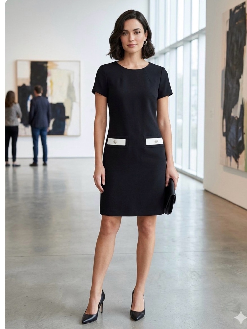 Tommy Hilfiger Black Short-Sleeve Shift Dress with White Pocket Trim size 8